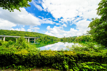 View of nature and the Seilersee near Iserlohn with the A46 bridge. Callerbachtalsperre with the surrounding landscape.
