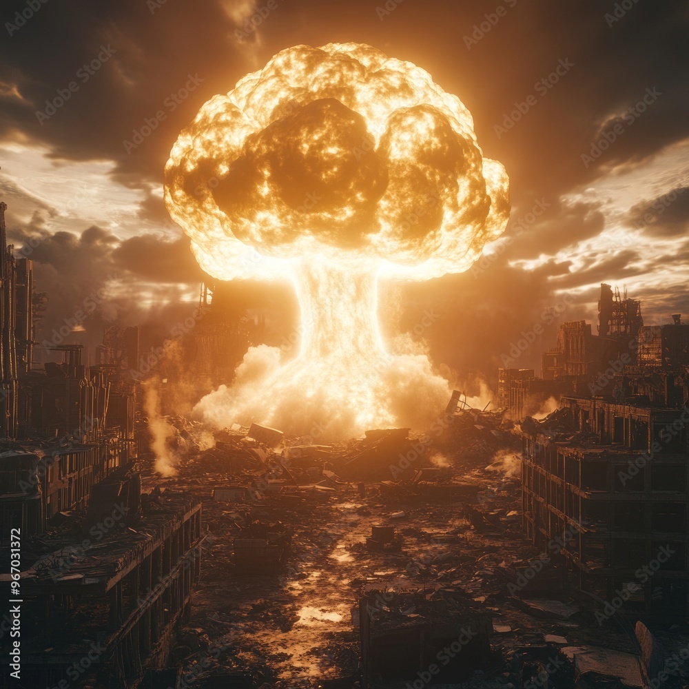 Canvas Prints A fiery mushroom cloud rises over a destroyed cityscape, symbolizing the devastation of a nuclear explosion.