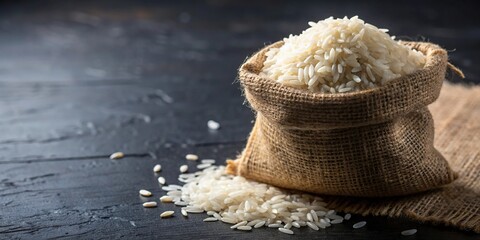 Uncooked white rice in burlap sack on black table Macro