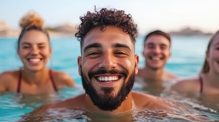 Friends laughing together outdoors on a sunny day, A joyful group of friends enjoying a fun swimming moment in clear blue water, radiating happiness and carefree vibes.