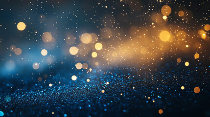 Fototapeta premium Golden light shine particles bokeh on navy blue background. Holiday. 
