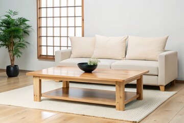 Rustic coffee table near white fabric sofa against window Japandi style home interior design of modern living room