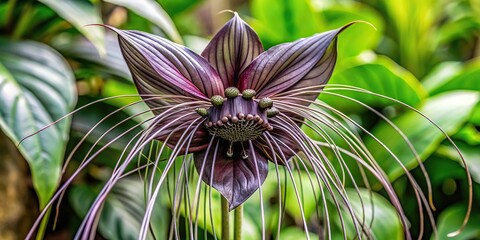Unique plant with dark bat shaped flowers and long whisker like filaments