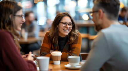 A cheerful woman engages in a lively conversation with friends over coffee in a cozy cafe setting.