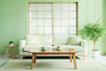 Rustic coffee table near white fabric sofa against window Japandi style home interior design of modern living room