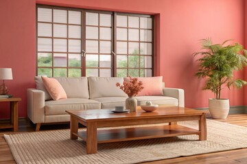 Rustic coffee table near white fabric sofa against window Japandi style home interior design of modern living room