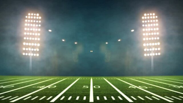 American football stadium with a green grass field and  Bright Lights.
