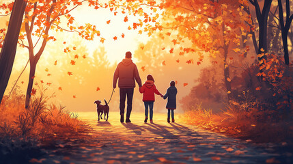 Fototapeta premium Family walking their dog along a scenic trail with autumn leaves falling