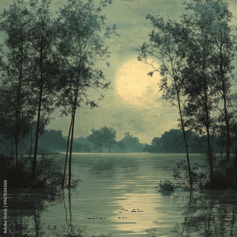 Wall mural A full moon hangs low in the sky over a still lake, casting a soft glow on the water and the surrounding trees.