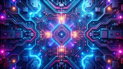 Fototapeta premium Futuristic abstract technology design featuring glowing circuits and neon lights on dark background copy space 