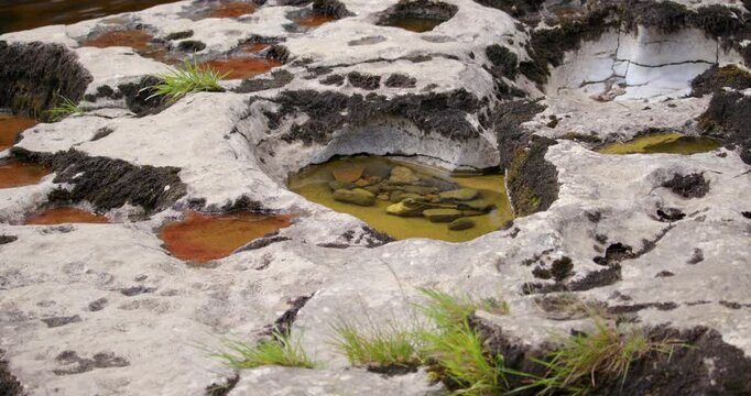 low angle wide shot of limestone Swiss cheese holes with water and gravel inside. On the river ure at the lower falls at Aysgarth falls, Yorkshire dales