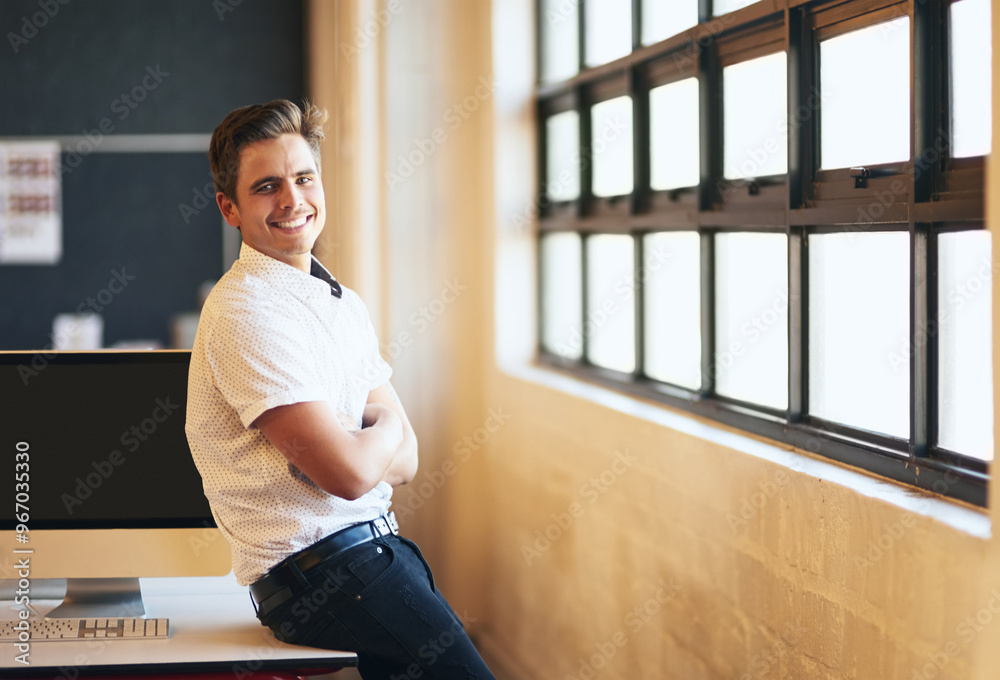 Sticker Happy, crossed arms and portrait of business man in office with confidence, pride and smile. Creative company, professional mockup and person by window for startup career, work and job opportunity