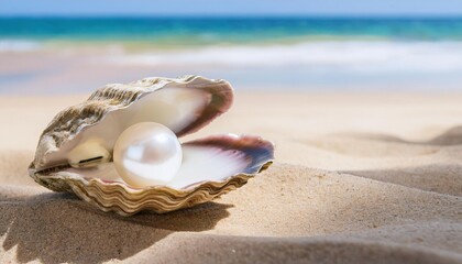 White pearl inside opened oyster shell on sandy beach 