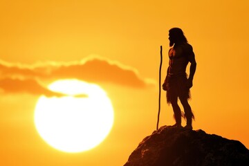 A man stands on a rock in front of a large sun