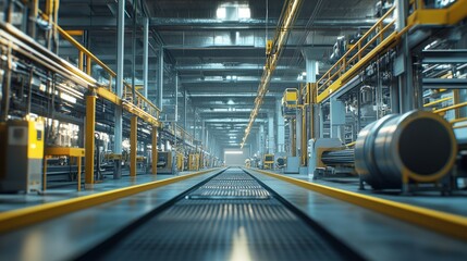 Fototapeta premium Industrial Factory Conveyor Belt System with Yellow Safety Railings