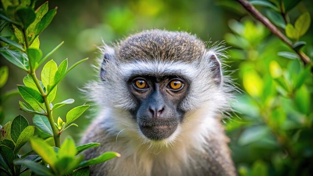 Vervet monkey hiding in trees