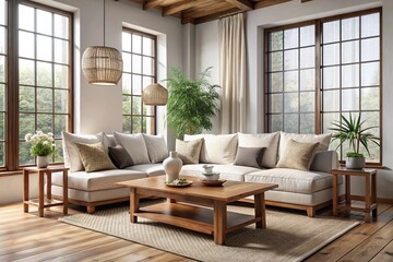 Rustic coffee table near white fabric sofa against window Japandi style home interior design of modern living room