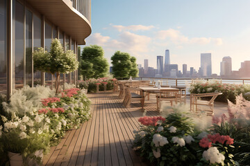  An rooftop patio with furniture looking out towards the downtown Chicago skyline.