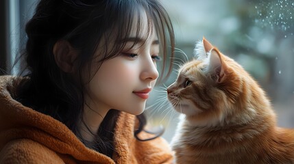 Obraz premium Asian Girl in Oversized Hoodie Snuggling with Pet Cat at Home