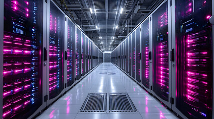 Obraz premium Modern Data Center with High-Tech Servers and LED Lighting