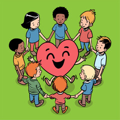 Celebrate World Heart Day with this heartwarming vector of diverse children holding hands around a heart. Perfect for promoting unity, heart health, and love across all communities.