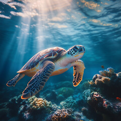 Close-up of a sea turtle swimming near a coral reef