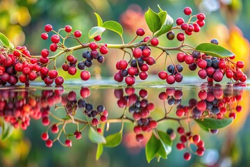 Obraz premium Vibrant berries of Amur cork tree reflecting in water