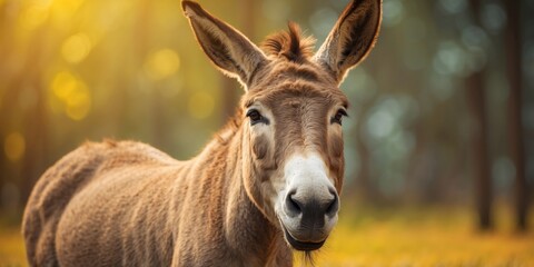 Donkey with curious look on yellow background.