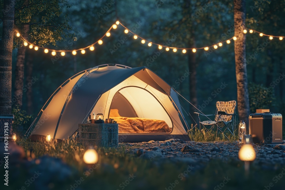 Wall mural A tent is set up in a forest with a bed inside and a chair outside