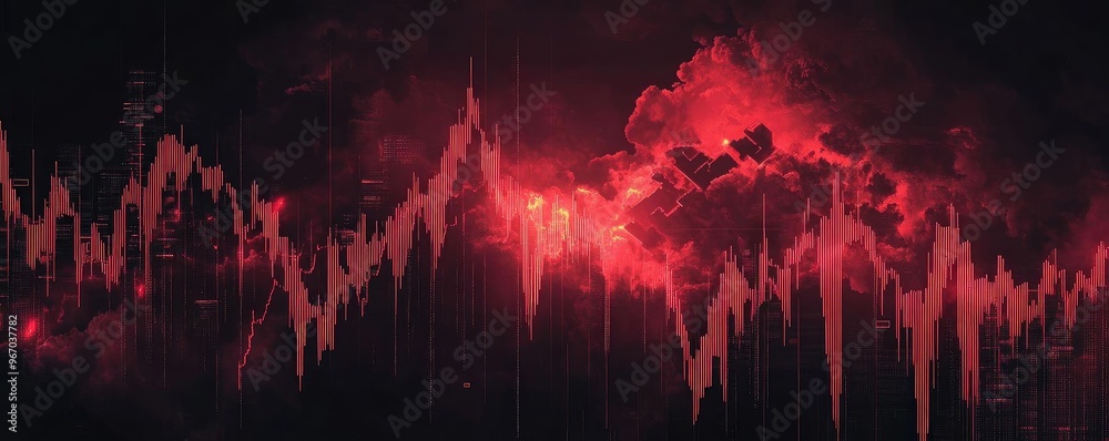 Poster a vivid sound wave graphic in red against a dark background, symbolizing energy and intensity in aud