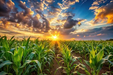 Vibrant corn field with a stunning sunset and clouds in a forced perspective