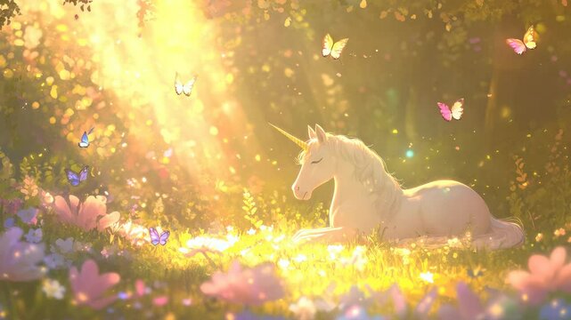 Unicorn resting in magical forest with butterflies and sunlight