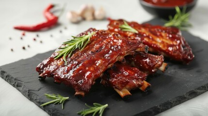 Delicious barbecue ribs with rosemary on slate plate, closeup.