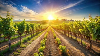 Fototapeta premium Vibrant grape field under sunny skies with focus on details, leading lines