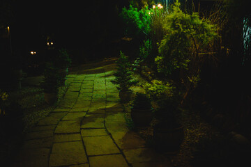 the atmosphere of the cafe courtyard at night