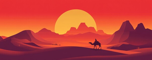 Fototapeta premium A silhouetted rider on a camel against a vibrant orange sunset in a desert landscape.