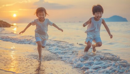 Sunny Beach Bliss: Joyful Asian Siblings Playing at Sunset