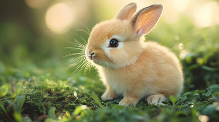 baby bunny with big round eyes, sitting adorably on a patch of grass, its tiny nose twitching in curiosity