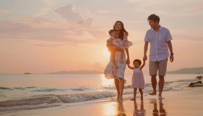 Sunset Stroll: A Blissful Summer Evening with a Happy Asian Family on the Beach