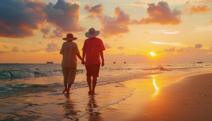 Serene Sunset Stroll: Retired Asian Couple Embrace the Beauty of Tropical Island Beach on Summer Hol