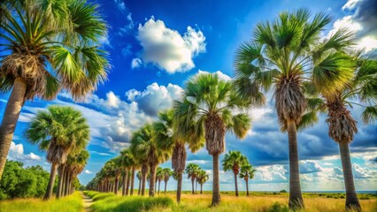 Tall, lush, and vibrant, palm trees majestically sway to the rhythm of the warm breeze, their leaves shimmering