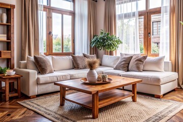 Rustic coffee table near white fabric sofa against window Japandi style home interior design of modern living room