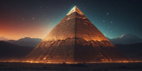 A massive alien structure in the shape of a pyramid, floating in space.