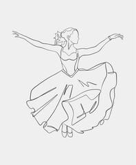Elegant line art of a ballerina in mid-dance, gracefully extending her arms and spinning with flowing movement.
