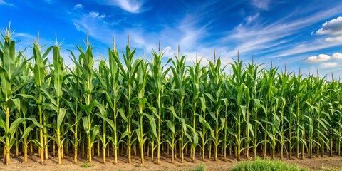 Fototapeta premium Tall, mature corn stalks stand in rhythmic rows, their golden ears swaying gently in the breeze beneath a