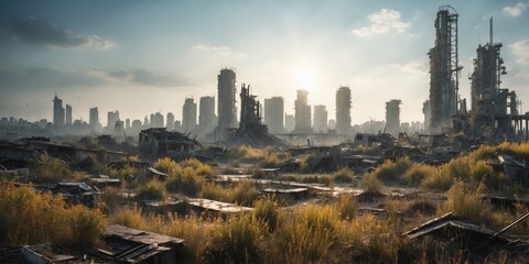 Fototapeta premium Crumbling Futuristic Cityscape with Overgrown Vegetation in Post Apocalyptic Landscape.