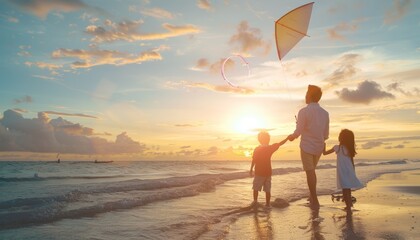 Sunset Kite-Flying Fun: A Joyful Asian Family's Beachside Adventure