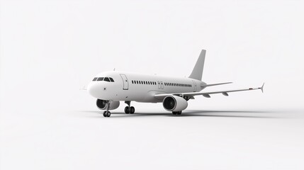 Obraz premium White Airplane Ready for Takeoff: A pristine white commercial airplane, isolated against a stark white background, stands poised for takeoff, capturing the essence of travel, freedom, and anticipation