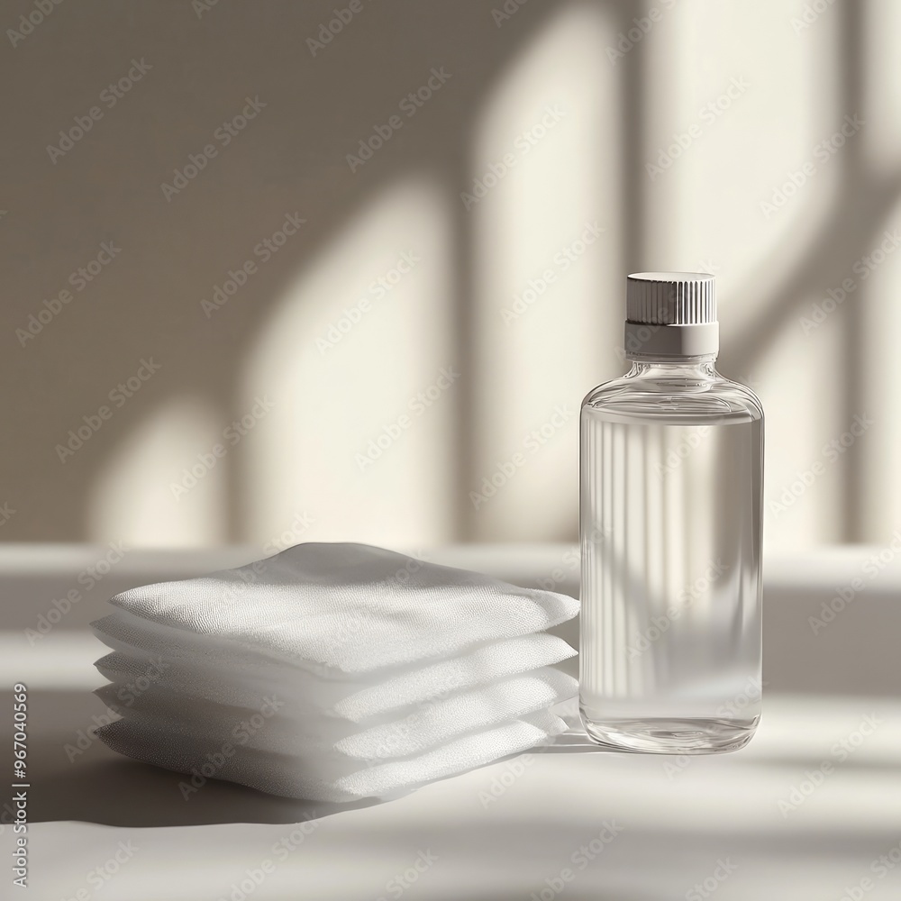 Wall mural a glass bottle of clear liquid with white cotton pads on a white surface, illuminated by natural lig