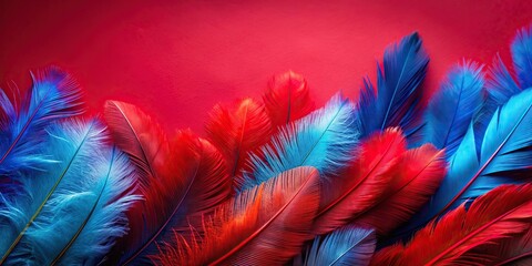 vibrant red and blue feathers on colorful background